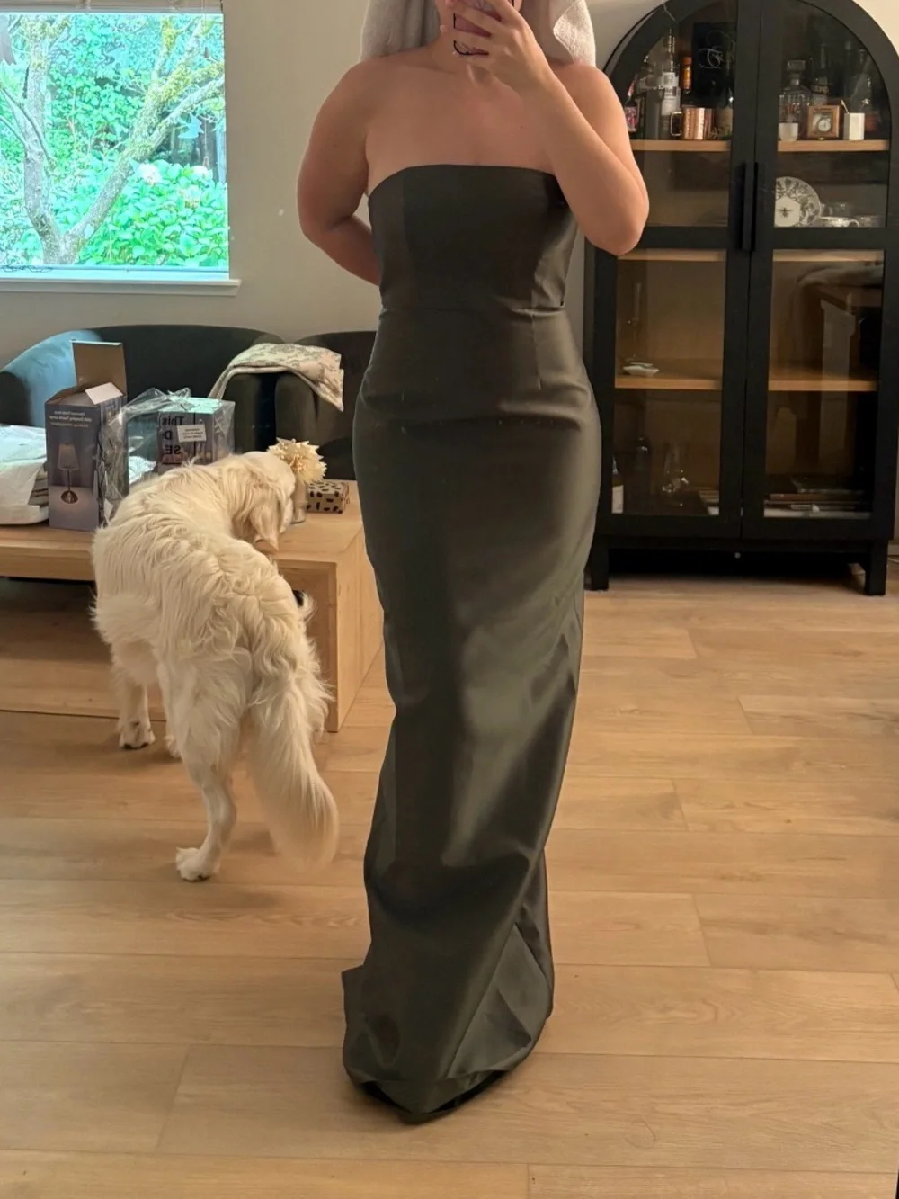ALFRED SUNG Jacqueline Strapless Olive Green Satin Column Gown NWT - Picture 3 of 3